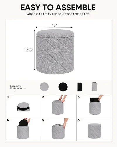 Miniatura 3 de Otomana redonda con almacenamiento, taburete Boucle con tapa de bandeja reversible, mesa de centro otomana plegable para dormitorio, sala de estar