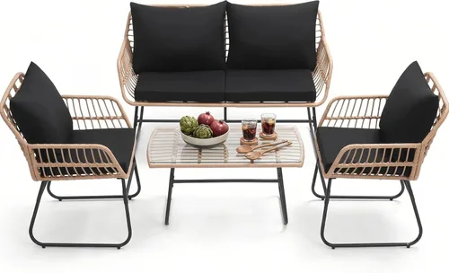 Miniatura 8 de KROFEM - Juego de muebles de ratán para patio de 3 piezas estilo bistró, incluye 2 sillas de ratán y mesa con tapa de vidrio, ideal para porche