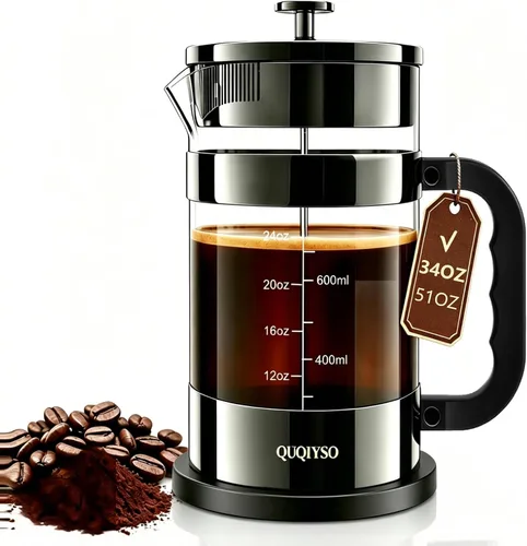 Miniatura 20 de QUQIYSO Cafetera de prensa francesa de acero inoxidable 304 con 4 filtros, resistente al calor, duradera, fácil de limpiar, prensa de café de vidrio