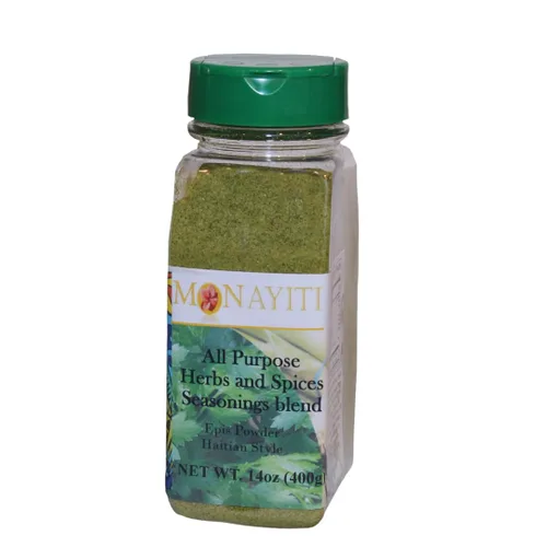 Monayiti Epis Haitian Style Seasoning 14oz (400g). Condimentos en polvo. Mezcla de perejil, cebolla, ajo, base de pollo, sal, especias. No vegano.