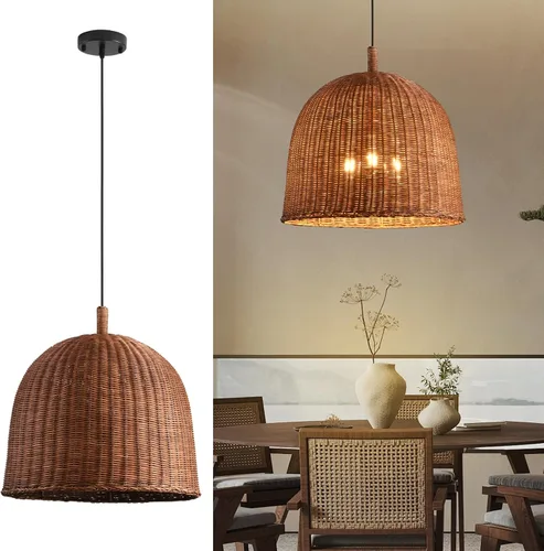 Miniatura 8 de Lámpara Colgante de Ratán de 1 Luz, 13.78" Luz Colgante de Ratán de Bambú Tejida a Mano, Candelabro de Mimbre para Isla de Cocina, Restaurante, Sala