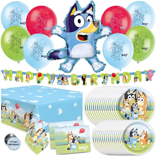 Unique Decoraciones de cumpleaños Bluey | Decoraciones de fiesta Bluey | Sirve 16 | Con licencia oficial | Globos, pancarta, mantel de mesa, platos,