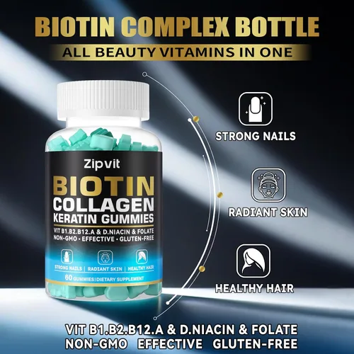 Miniatura 3 de zipvit Gomitas de colágeno de biotina, vitaminas para la piel y las uñas para mujeres y hombres, vitaminas para el crecimiento del cabello: B1, B2