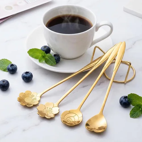 Miniatura 7 de Juego de 4 cucharaditas de café de 7 pulgadas, cucharas de café para bebidas, para postre, café, helado, té (dorado)