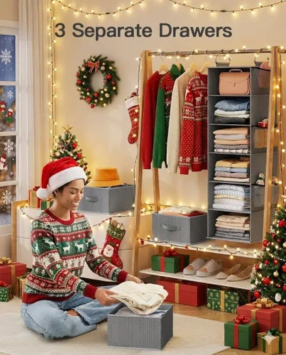 Miniatura 2 de Pipishell Organizador colgante de armario con 6 estantes, estantes colgantes para armario con 3 cajones extraíbles y bolsillos laterales