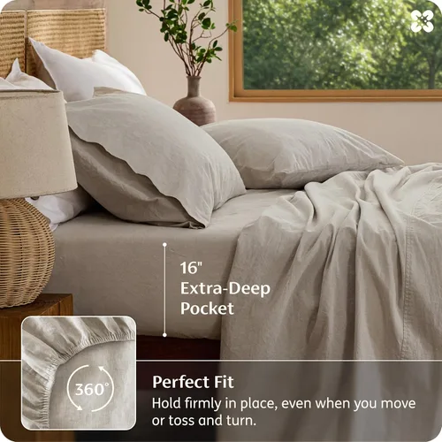 Miniatura 8 de Bedsure Sábanas de lino, cama tamaño Queen, mezcla de sábanas de lino y algodón, sábanas de algodón transpirable, regalos para todas las estaciones