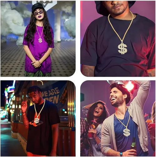 Miniatura 6 de Hip Hop Cadena de oro larga chapada en oro, accesorios para hombre, collares con signo de dólar, collar de dinero, cadena de oro falsa