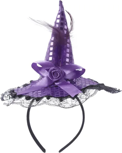 Dzrige Sombrero de bruja de Halloween, diadema de plumas de bruja con ribete de encaje, accesorio para la cabeza para fiesta de Halloween, cosplay