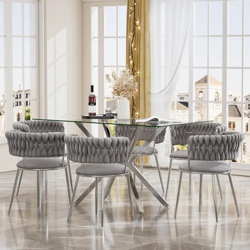 Miniatura 14 de Juego de mesa de comedor de cristal negro de 47 pulgadas para 4, juego de mesa de cocina minimalista moderno y 4 sillas de comedor de terciopelo