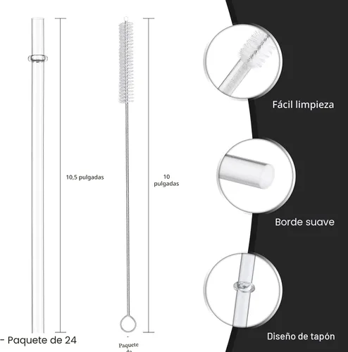 Miniatura 3 de Paquete de 24 popotes de plástico reutilizables altamente transparentes con 4 cepillos de limpieza, popotes de 10.5 pulgadas de largo, popote