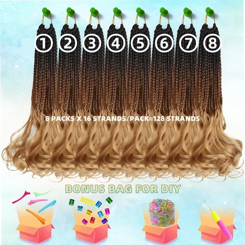 Miniatura 4 de Rizos franceses de cabello de ganchillo para mujeres negras, 14 pulgadas, paquete de 8 unidades, de color marrón degradado a rubio, suave