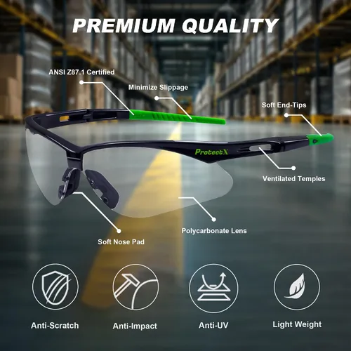 Miniatura 4 de ProtectX Anteojos de seguridad clásicos, lentes antivaho resistentes a los arañazos, gafas protectoras para el trabajo, interior/exterior, ANSI Z87.1
