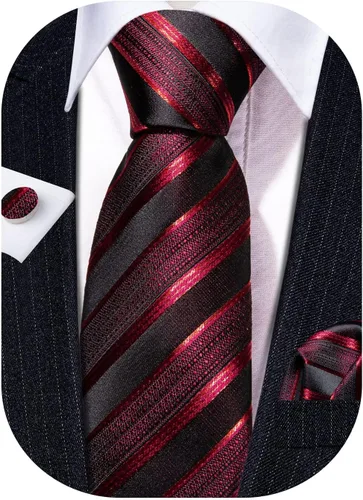 Miniatura 103 de Barry.Wang Juego de corbatas a cuadros para hombre con pañuelo gemelos de rayas clásicas