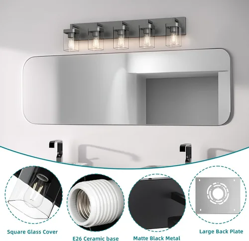 Miniatura 5 de Juego de 2 apliques de pared, diseño cuadrado, accesorios de iluminación de baño con pantalla de vidrio transparente, luces de pared negras mate