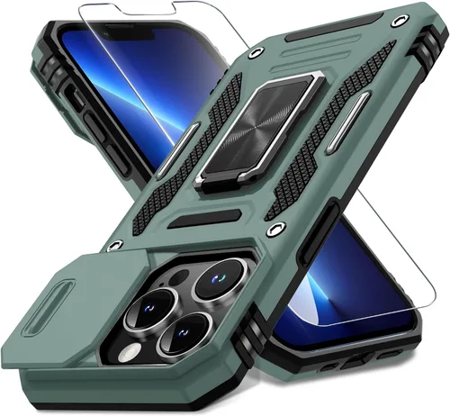 Miniatura 365 de DEERLAMN Funda para iPhone Xs Max con funda deslizante para cámara + protector de pantalla, soporte giratorio de anillo de grado militar a prueba