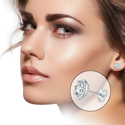 Miniatura 6 de Aretes de tuerca de circonita cúbica chapados en oro, aretes de imitación con halo de diamantes grandes de 0.276in y 18 aretes pequeños de piedra