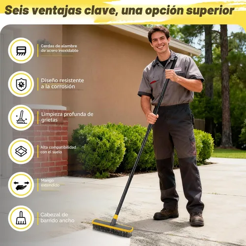 Miniatura 4 de Escoba de Alambre de Servicio Pesado Cepillo Restregador de Piso con Mango Largo, 2 en 1 Raspador y Escobas Restregadoras de Cerdas de Acero