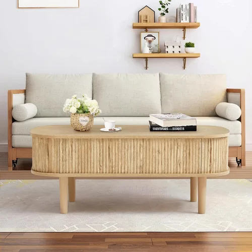 Miniatura 6 de Mesa de centro con parte superior acanalada totalmente montada con compartimento oculto, mesa central de madera, moderna mesa de elevación ovalada