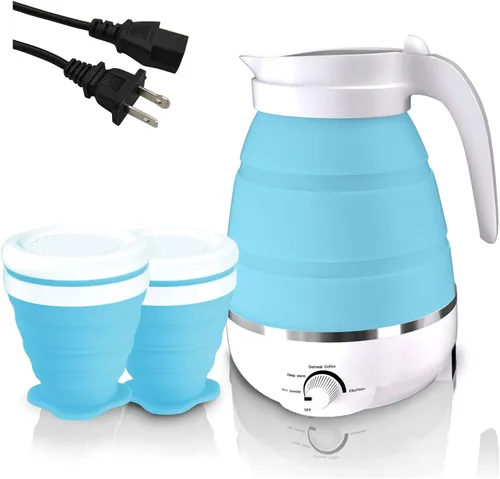 Qivine Hervidor eléctrico plegable de viaje de 20.3 fl oz, hervidor de viaje plegable de silicona, tetera eléctrica plegable para viajes con 2 tazas