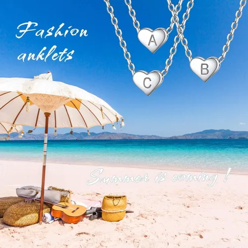 Miniatura 9 de ChicSilver Tobilleras de plata de ley 925 con iniciales para mujer, delicada pulsera de tobillo de corazón de playa, joyería de pie ajustable