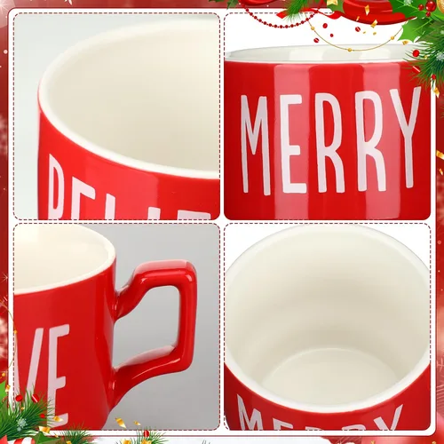 Miniatura 3 de Sliner Juego de 4 tazas de café grandes apilables de Navidad de 10 onzas con estante de porcelana, tazas de café de cerámica con soporte de metal