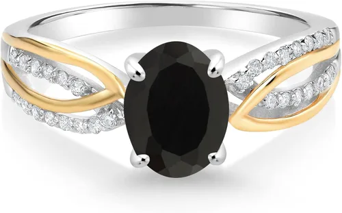Miniatura 2 de Gem Stone King Anillo de compromiso de plata de ley 925 y oro amarillo de 10 quilates, ónix negro y diamante cultivado en laboratorio blanco