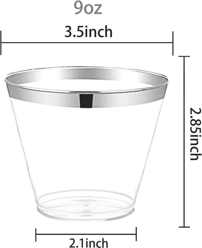 Miniatura 6 de Ciaell 200 PCS Vasos de Plástico Plateados - Vasos de Plástico Resistentes de 9 Oz - Vasos con Borde Plateado - Vasos Transparentes Desechables