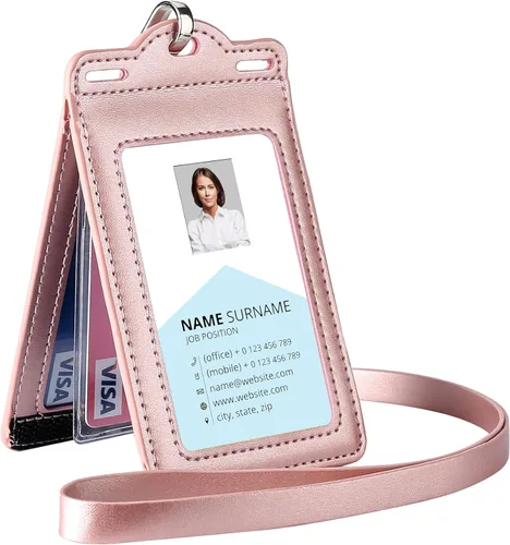 Portatarjetas con 2 cordones de piel, soporte para tarjetas de identificación de tres pliegues resistente, para enfermera, maestra, escuela, uso Oro