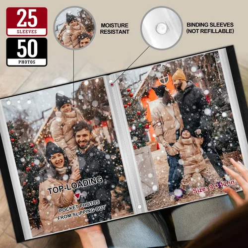 Miniatura 4 de Lanpn Álbum de fotos de 9 x 12 pulgadas, tapa dura de lino, sin ácidos, bolsillo de carga superior, libro de fotos con fundas que sostiene 52