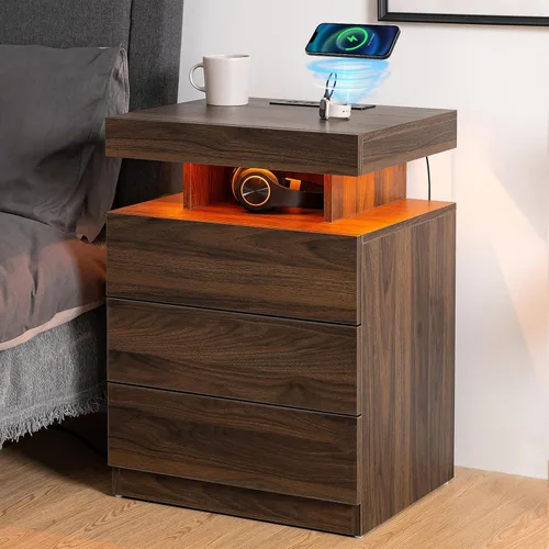 Miniatura 11 de HOMMPA - Mesita de noche LED con estación de carga inalámbrica y puertos USB, mesa de noche moderna, mesita de noche de 3 cajones con compartimento