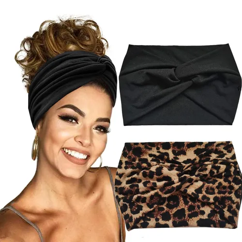Miniatura 8 de Hexchasty 2 diademas tipo turbante para mujer, gruesas, a la moda, bohemias, elásticas, bonitas, extra anchas, grandes, de tela anudada, de tela