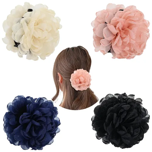 Miniatura 12 de Cinaci Paquete de 4 Lazos Grandes de Flores de Satén para el Cabello Rojos Azul Marino Negro Pinzas de Plástico para el Cabello Clips Cinta Tela