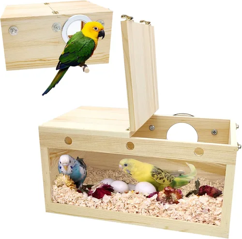 Miniatura 13 de BNOSDM Caja de nido de periquitos Caja transparente de cría de aves Cajas nido de madera natural jaula para pájaros (S)
