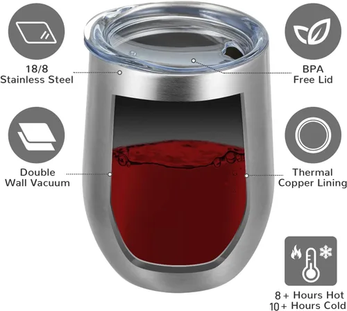 Miniatura 3 de MEWAY Vaso de vino sin tallo de 12 onzas con tapa, vaso de viaje de acero inoxidable con aislamiento de doble pared al vacío con popote
