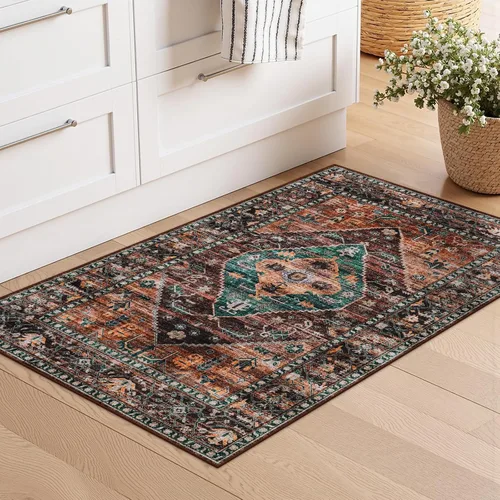 Miniatura 59 de Beeiva Alfombras florales de entrada, lavables para interiores, ultra fina, de 2 x 3 pies, antideslizante, para cocina, tapete de cachemira suave