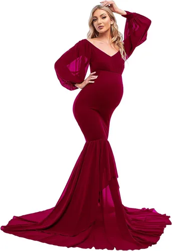 ZIUMUDY Vestido de sirena ajustado de maternidad para sesión de fotos, manga larga, falda de gasa escalonada, vestido de accesorios para fotos