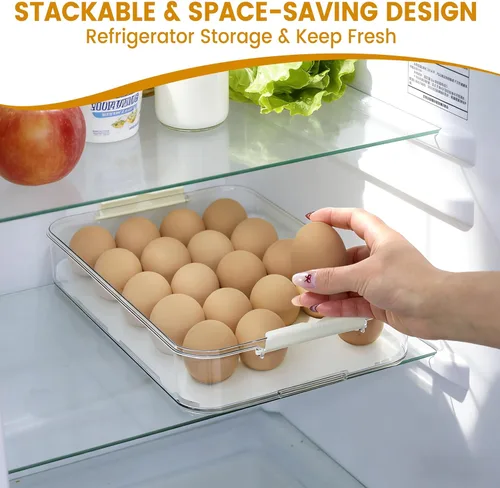 Miniatura 5 de Recipientes para huevos con tapa, bandeja de plástico para huevos con asa para 20 huevos, transparente, portátil, apilable, almacenamiento para 1