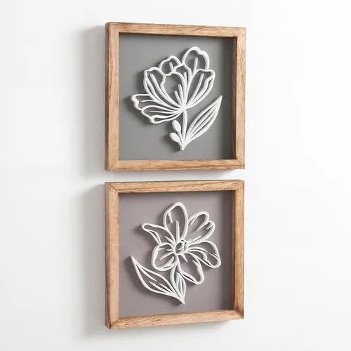 Tide and Tales Arte de pared floral botánico 3D (juego de 2 marcos) listo para colgar, decoración bohemia ligera para paredes, decoraciones Naturales