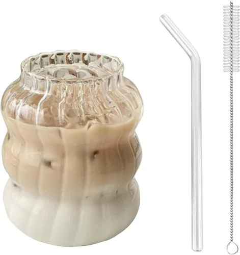 Miniatura 9 de Maritown Taza de café helado con pajilla, taza de café transparente de 13.8 onzas con popote de vidrio y cepillo limpiador de pajilla, cristalería
