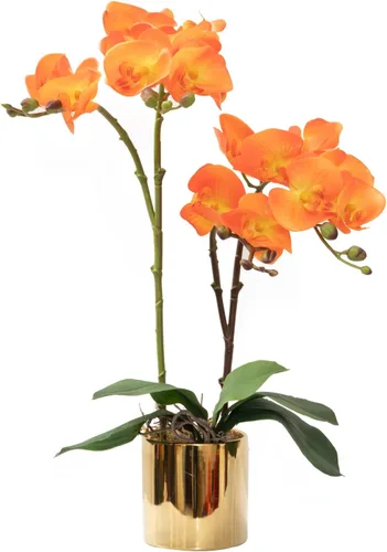 CXGS Planta de orquídeas artificiales de tacto real, orquídeas falsas en jarrón de cerámica, naranja, 19.7 pulgadas, arreglo floral falso de