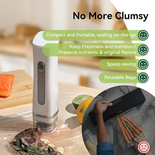 Miniatura 4 de Máquina selladora al vacío inalámbrica compacta para conservación de alimentos con 30 bolsas reutilizables de almacenamiento al vacío