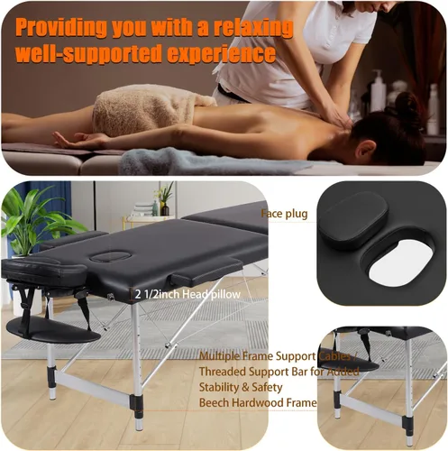 Miniatura 4 de VIRRMO Mesa de Masaje Portátil con Estirador de Cuello, Cama de Masaje Ligera de 84 Pulgadas, Cama Ajustable para Pestañas, Mesa de Tatuaje