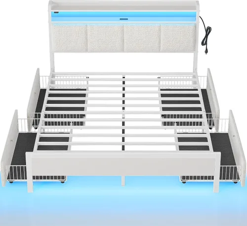 Miniatura 12 de Rolanstar Armazón de cama tamaño completo con estación de carga y luces LED, cabecera de almacenamiento tapizada con cajones, listones de metal