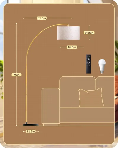 Miniatura 2 de EDISHINE Lámpara de pie arqueada dorada de 78.3 pulgadas con control remoto, luz de lectura moderna de mediados de siglo sobre silla, lámpara de pie