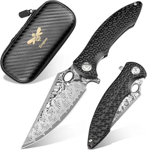 Miniatura 14 de Zingbee Navaja de bolsillo con rompecristales, navaja plegable de Damasco EDC con cortador de cinturones de seguridad, navaja multiusos de bolsillo