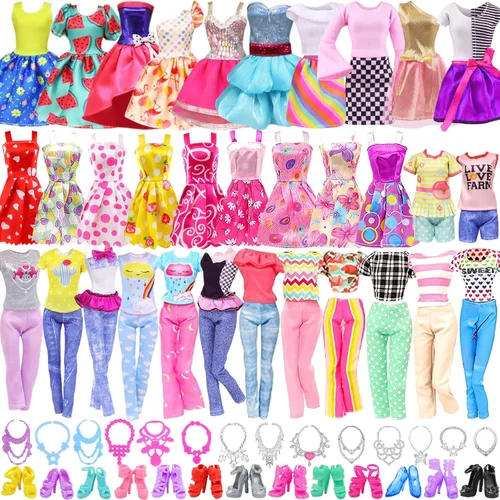 Ecore Fun 39 piezas de ropa y accesorios para muñecas, 3 vestidos de moda, 10 vestidos deslizantes, 3 tops, 3 pantalones, 10 collares, 10 zapatos,