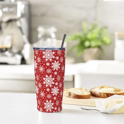 Miniatura 6 de Perinsto Vaso de viaje de 20 onzas con tapa y pajilla, diseño de copos de nieve de invierno, vaso de acero inoxidable rojo, taza de café aislada