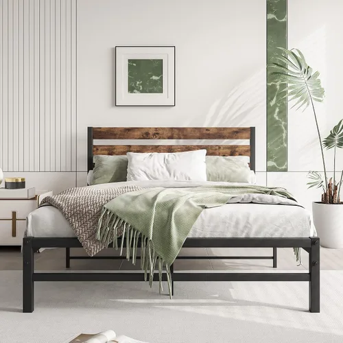 Base de cama matrimonial con cabecera de madera rústica vintage, base de colchón, soporte de listones de metal fuerte, no necesita somier (tamaño