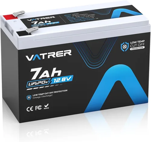 VATRER POWER 12V 7Ah Batería LiFePO4, BMS de 7A integrado, batería de litio recargable de ciclo profundo de más de 5000 ciclos, batería de fosfato