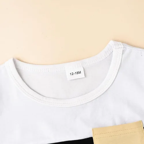 Miniatura 80 de Ropa para bebé niño pequeño, trajes de verano de manga corta, camiseta de retazos y pantalón con bolsillo, conjunto de 2 piezas, 12 meses a 4 años